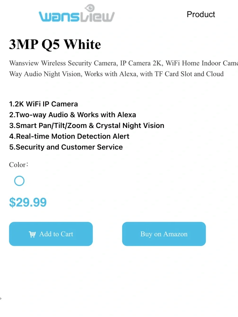 3MP Q5 White Wi‑Fi Indoor Security Camera